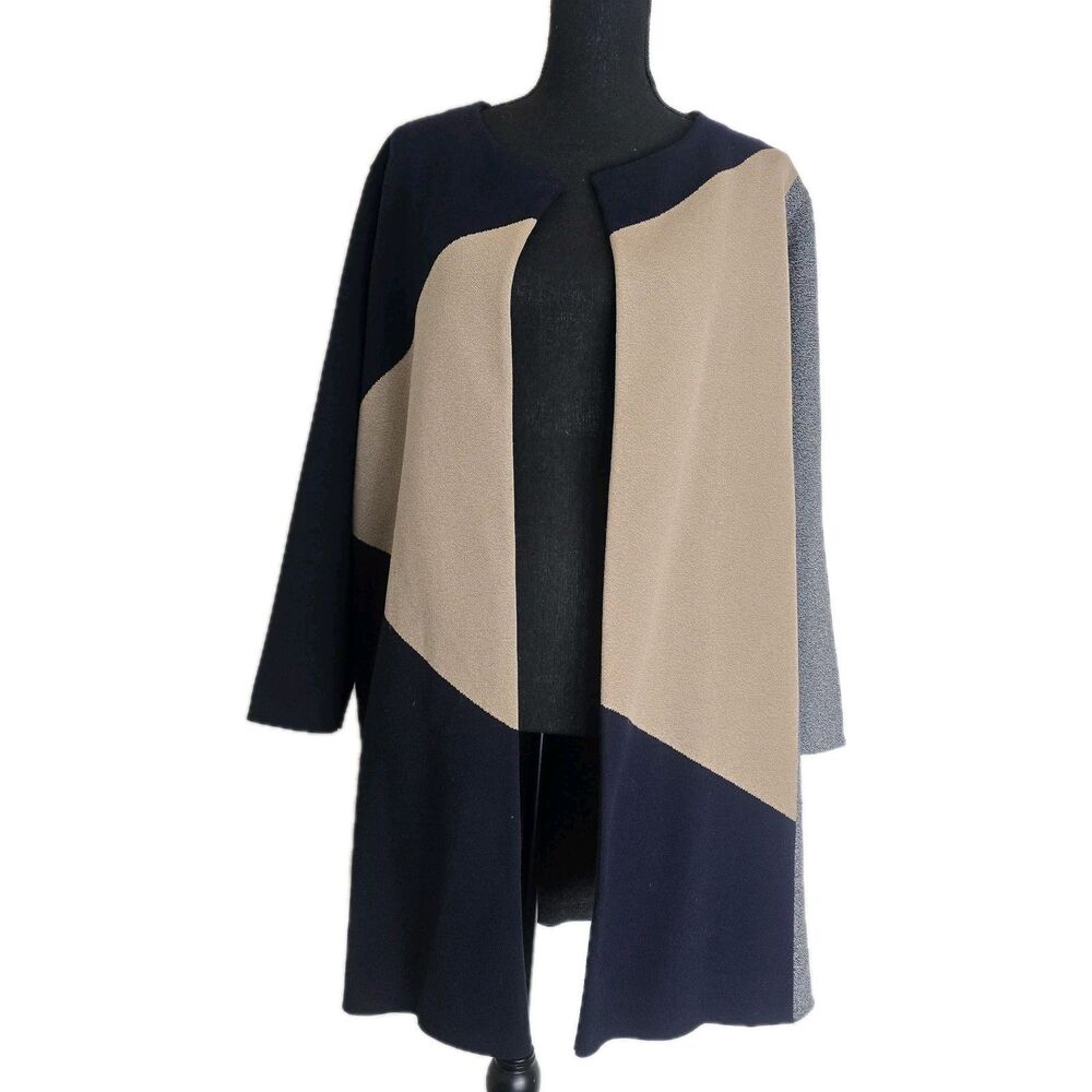 Ann Taylor Cardigan Large Colorblock Navy Beige Long Heavyweight Open Career